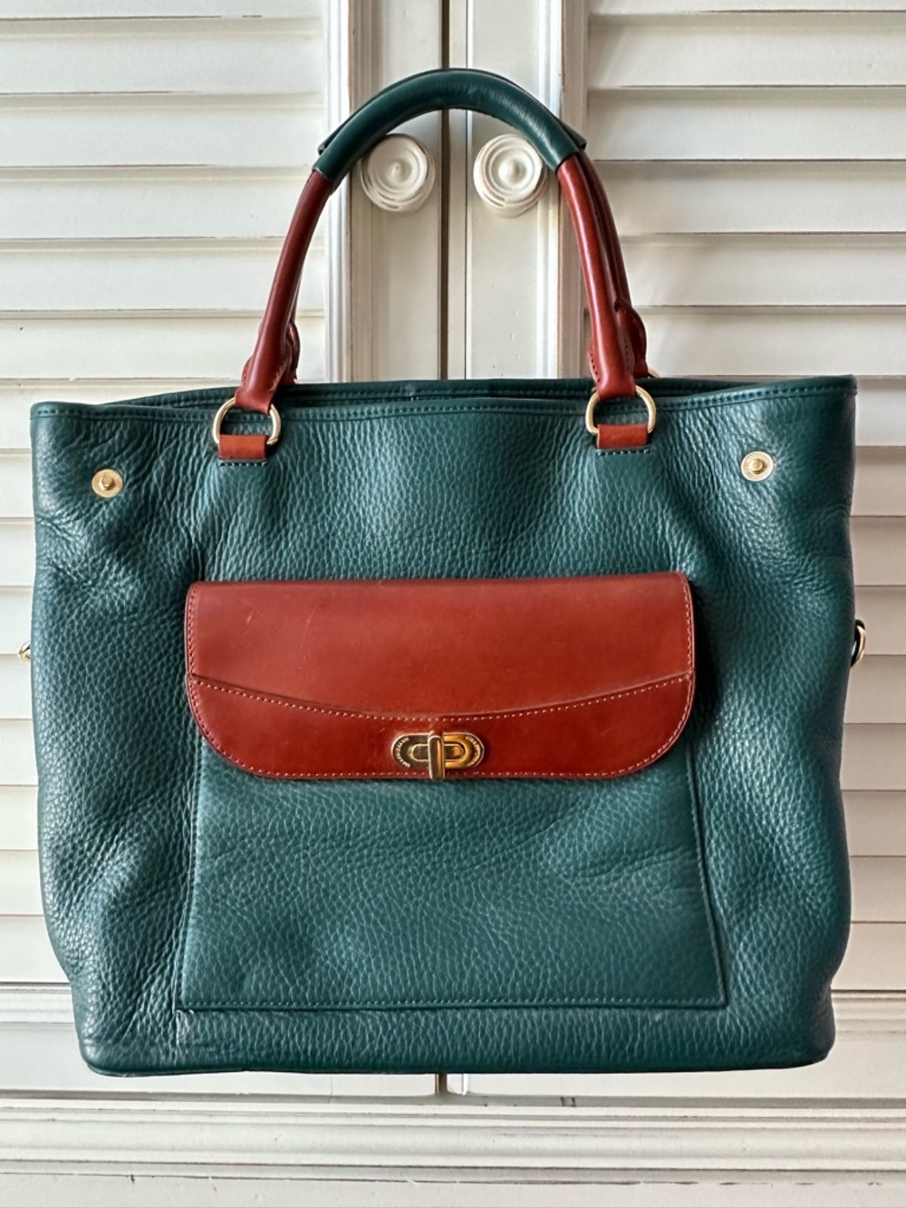 Green and Brown Leather Tote Bag with Front Flap